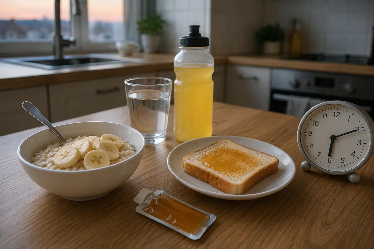 Ovesná kaše s banánem, toast, voda, sportovní nápoj a gel před závodem