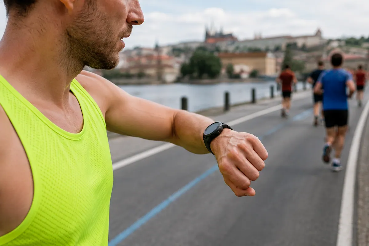 Běžec kontroluje sportovní hodinky při rovnoměrném tempu
