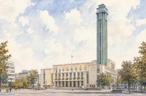 Akvarelová ilustrace k průvodci: Vyhlídková věž Nové radnice Ostrava