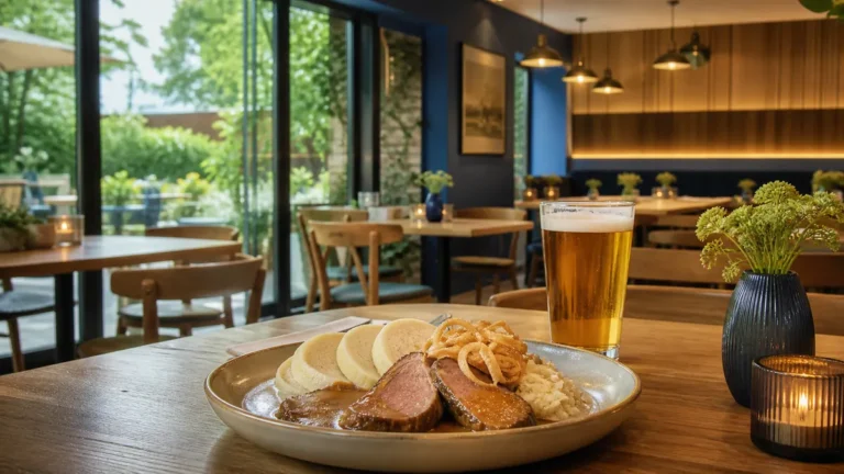 Ilustrační fotografie českého jídla a piva v moderní restauraci se zahrádkou