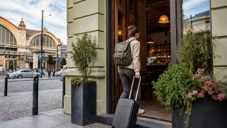Cestující s kufrem vstupuje do restaurace poblíž pražského nádraží