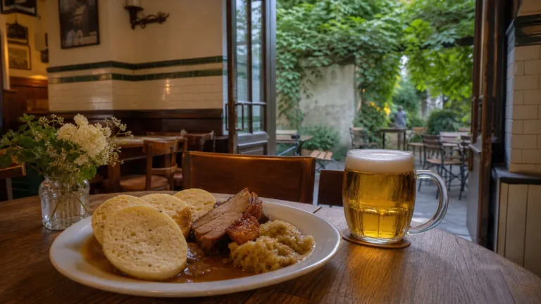 Ilustrační fotografie českého pečeného masa s knedlíky a pivem v sousedské restauraci se zahrádkou