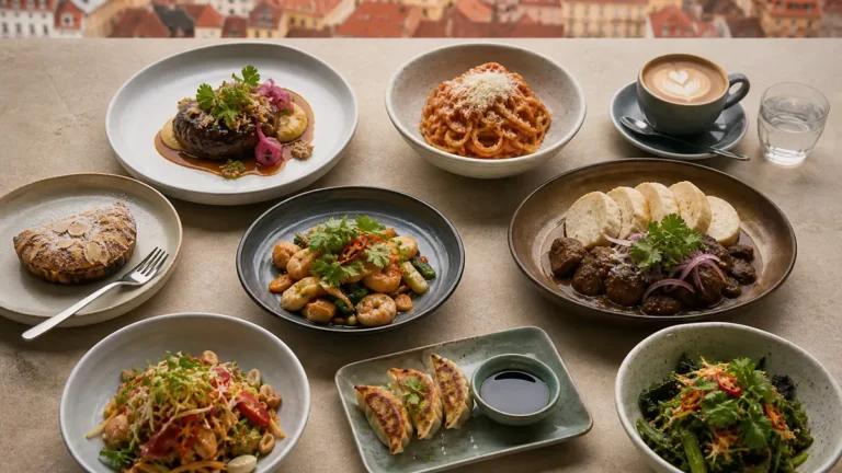 Stůl s různými pokrmy symbolizujícími výběr restaurací v Praze