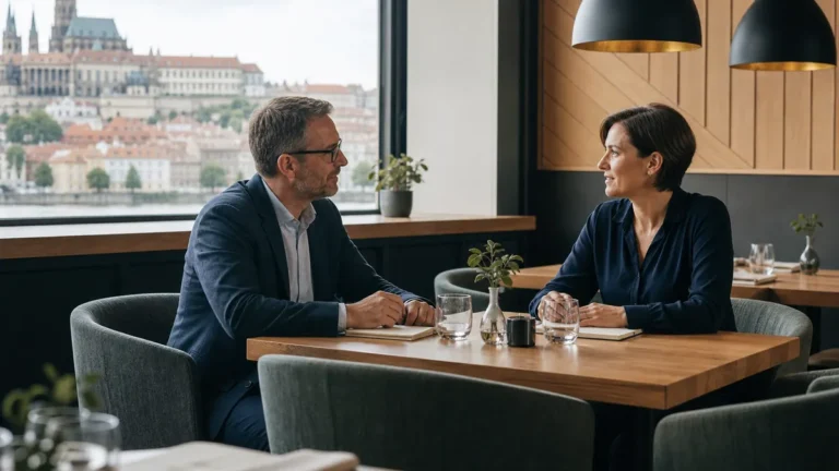 Dva lidé vedou pracovní schůzku u stolu v klidné restauraci