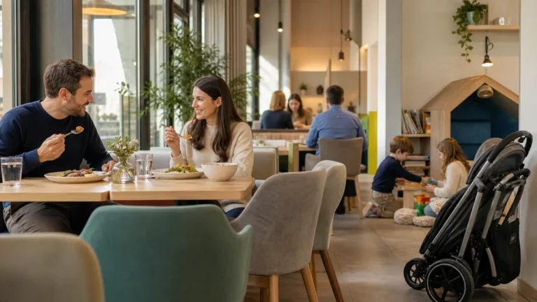 Rodiče obědvají v restauraci a děti si hrají v blízkém dětském koutku