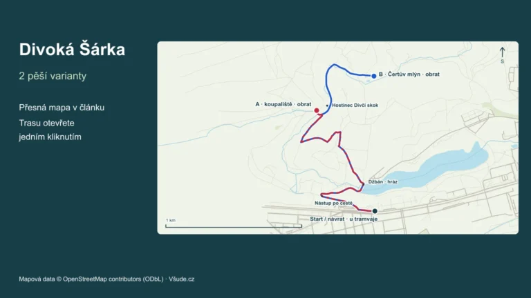 Divoká Šárka – geografická mapa dvou pěších variant s označenými nástupy a cíli.