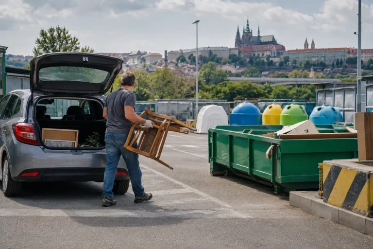 Pražan vykládá starou dřevěnou židli z auta ve sběrném dvoře