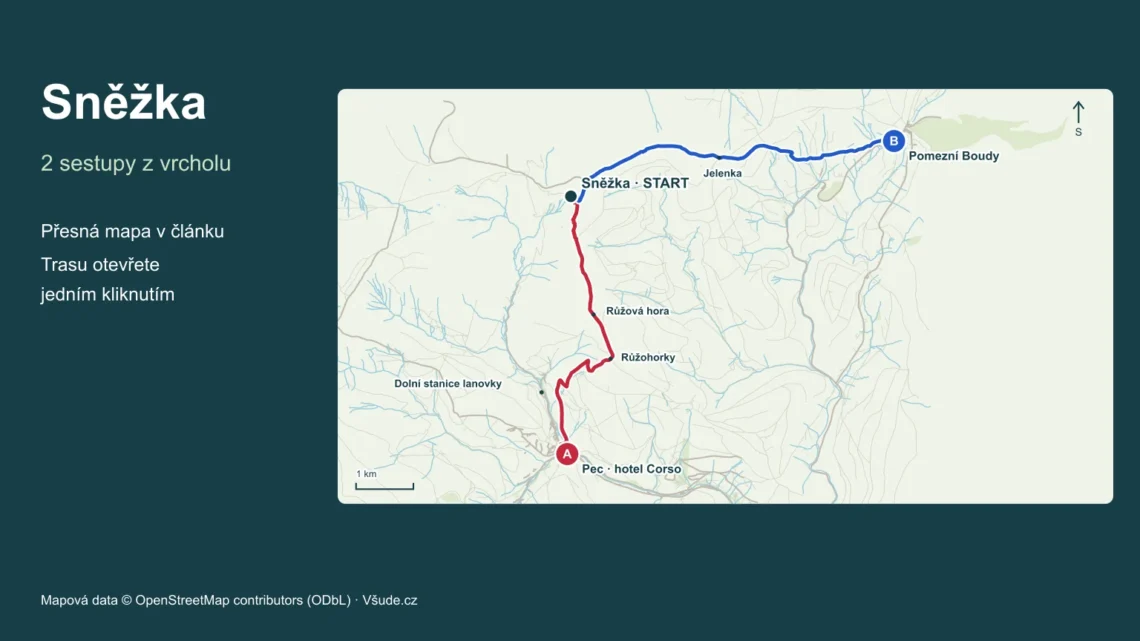 Sněžka – geografická mapa dvou sestupů s označenými nástupy a cíli.