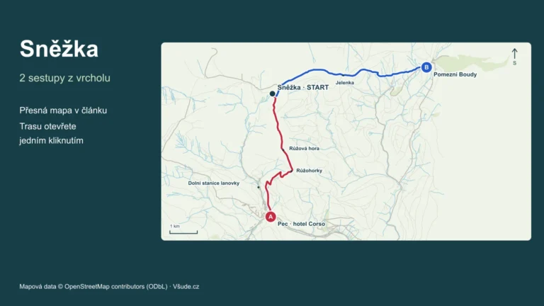 Sněžka – geografická mapa dvou sestupů s označenými nástupy a cíli.