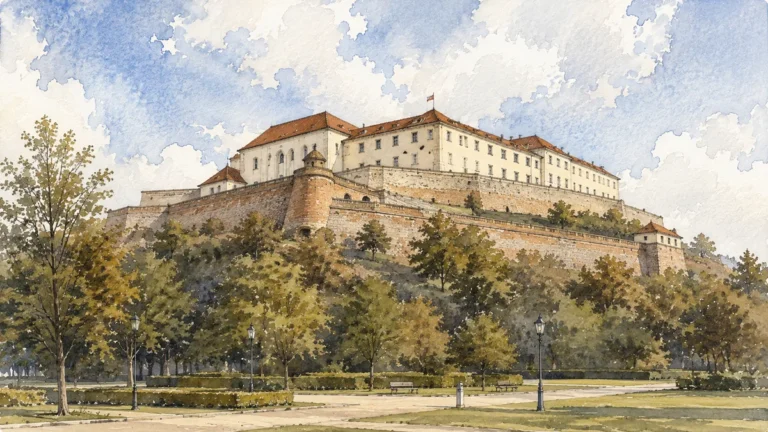 Akvarelová ilustrace k článku: Špilberk Brno: vstupné, kasematy, rozhledna a vodojemy