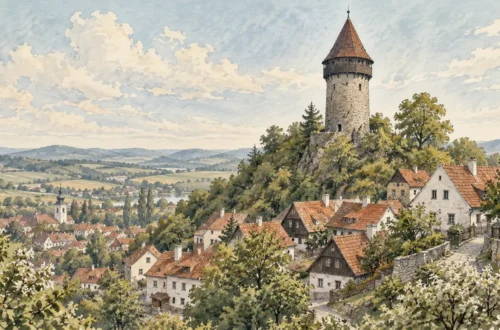 Tematická akvarelová ilustrace k průvodci: Štramberk a věž Trúba