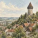 Tematická akvarelová ilustrace k průvodci: Štramberk a věž Trúba