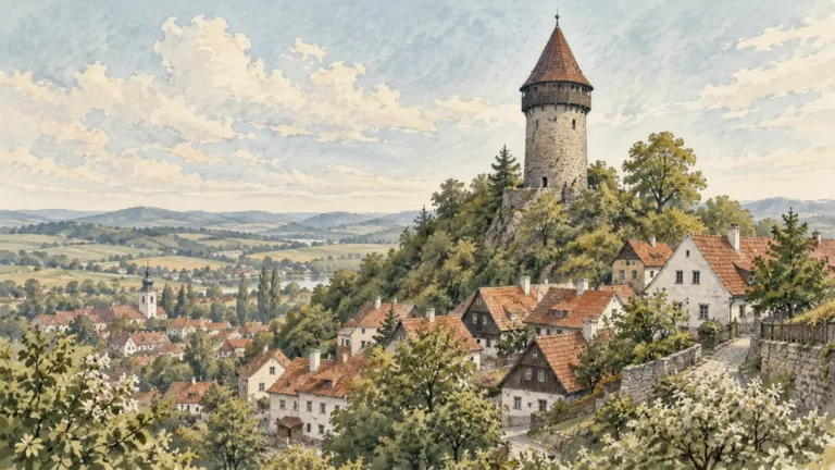 Tematická akvarelová ilustrace k průvodci: Štramberk a věž Trúba