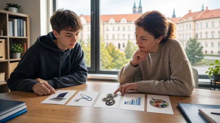 Ilustrační fotografie studenta a rodiče při porovnávání oborů pražských středních škol