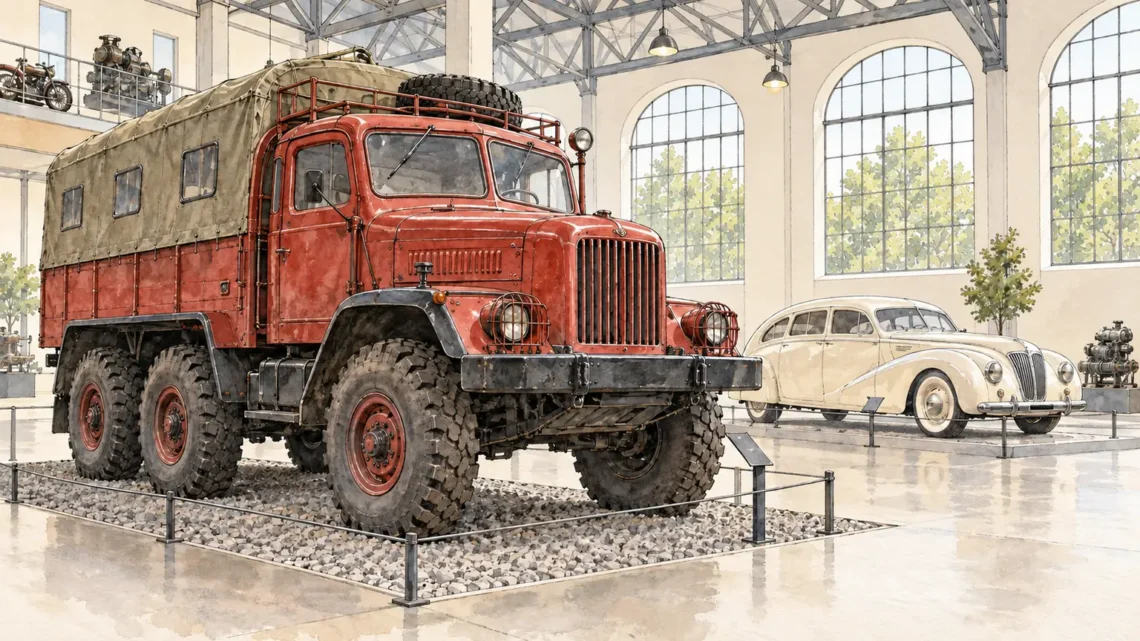Tematická akvarelová ilustrace k průvodci: Muzea Tatra Kopřivnice