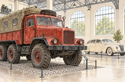 Tematická akvarelová ilustrace k průvodci: Muzea Tatra Kopřivnice