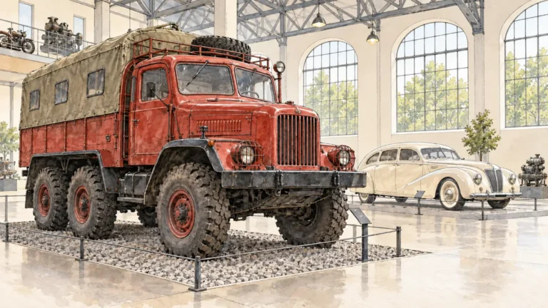 Tematická akvarelová ilustrace k průvodci: Muzea Tatra Kopřivnice