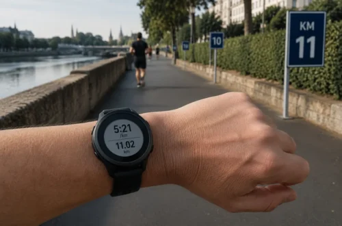 Běžec kontroluje tempo na sportovních hodinkách během tréninku na půlmaraton