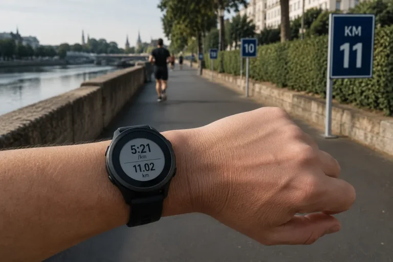 Běžec kontroluje tempo na sportovních hodinkách během tréninku na půlmaraton