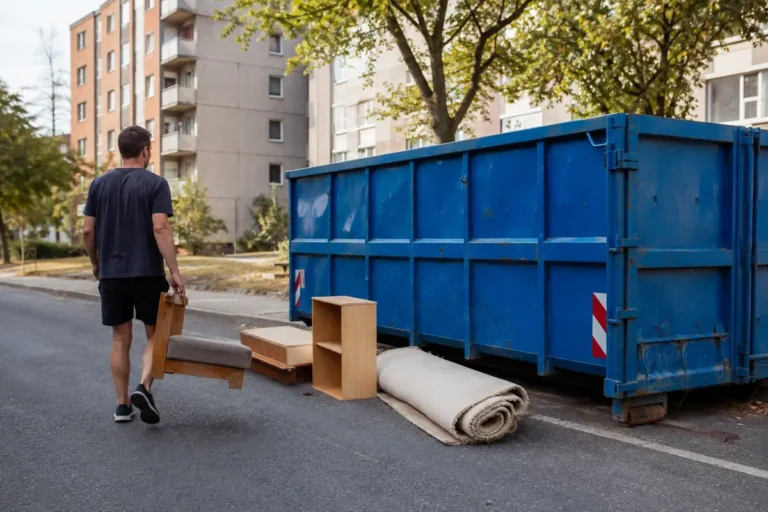 Velkoobjemový kontejner se starým nábytkem a kobercem v pražské ulici