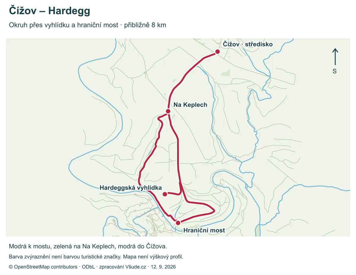 Mapa okruhu z Čížova přes vyhlídku a most