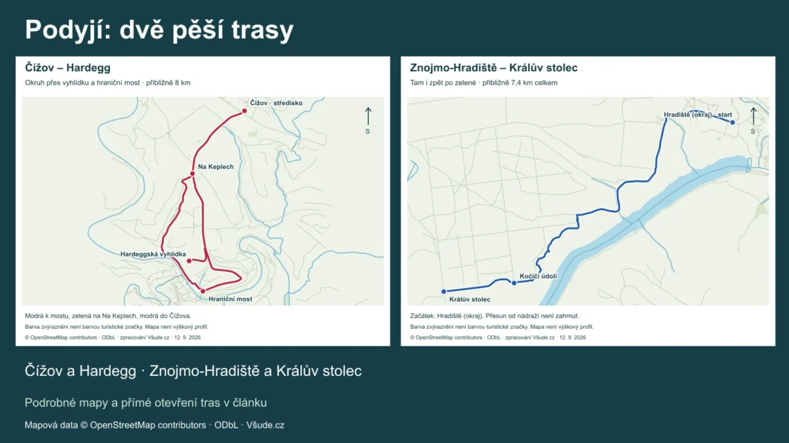Přehled dvou skutečných pěších tras v Podyjí: Čížov a Znojmo-Hradiště