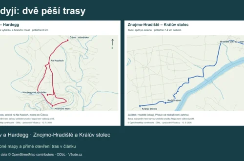 Přehled dvou skutečných pěších tras v Podyjí: Čížov a Znojmo-Hradiště