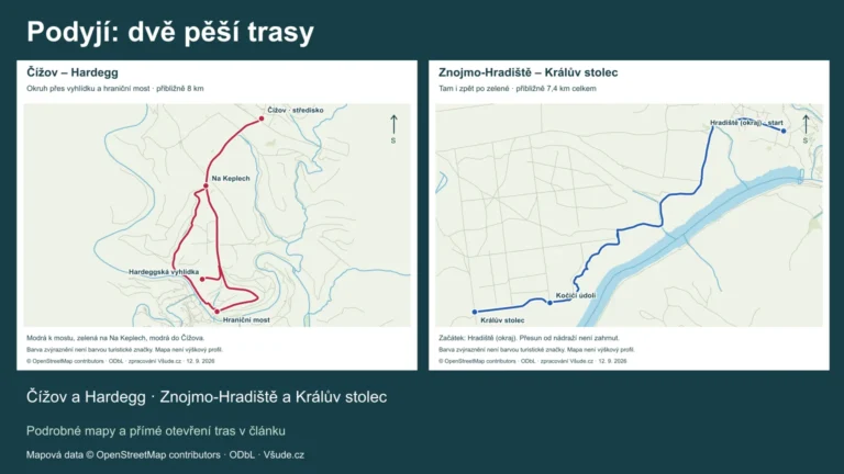 Přehled dvou skutečných pěších tras v Podyjí: Čížov a Znojmo-Hradiště