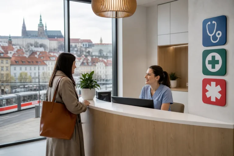 Pacientka hovoří s recepční v moderním zdravotnickém zařízení s výhledem na Prahu