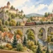 Tematická akvarelová ilustrace k průvodci: Království železnic Praha