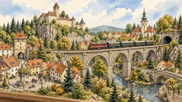 Tematická akvarelová ilustrace k průvodci: Království železnic Praha
