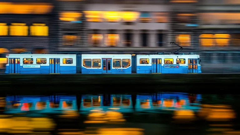 Modrá tramvaj večer ve městě