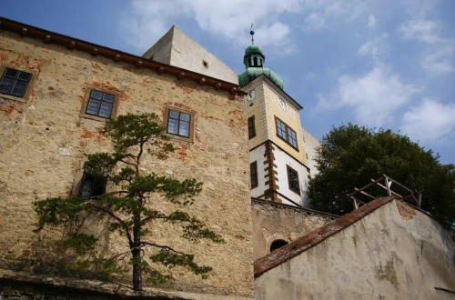 Hrad Buchlov, kamenný palác a hodinová věž se zelenou bání nad nádvořím, v popředí borovice