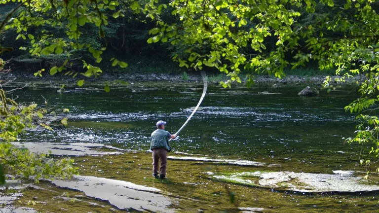 Rybář nahazuje prut v mělké řece