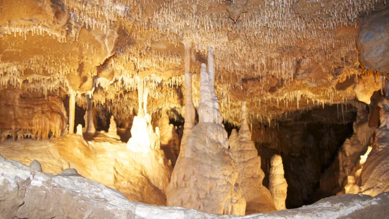 Krápníky a stalagmity pod stropem posetým brčky v Mladečských jeskyních