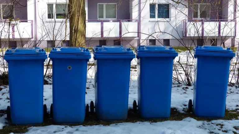 Řada modrých popelnic před panelovým domem