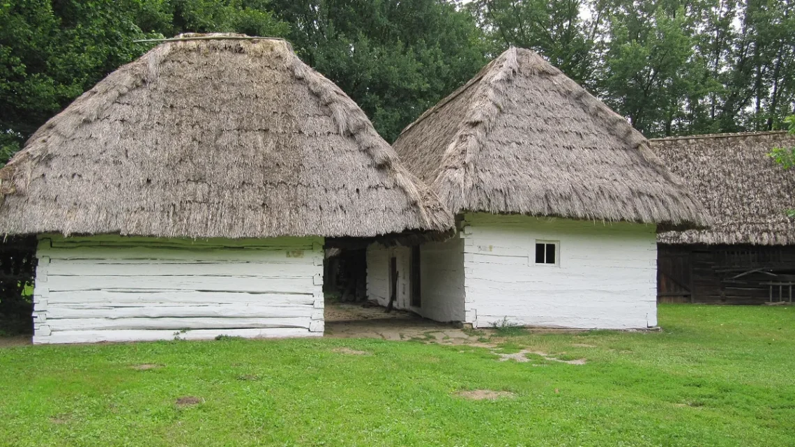 Roubené bílé domy s doškovými střechami v areálu Moravských Kopanic ve skanzenu Strážnice