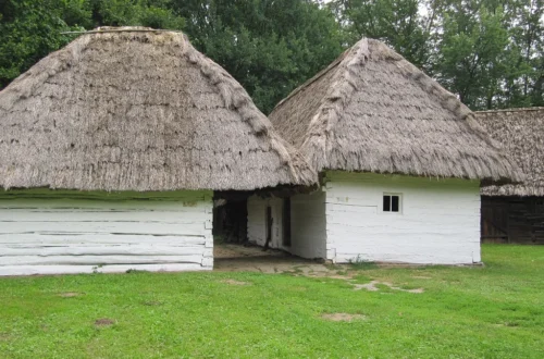 Roubené bílé domy s doškovými střechami v areálu Moravských Kopanic ve skanzenu Strážnice