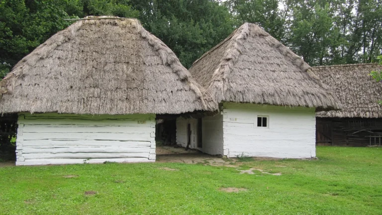 Roubené bílé domy s doškovými střechami v areálu Moravských Kopanic ve skanzenu Strážnice