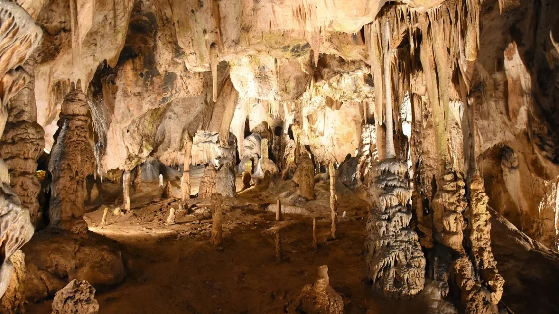 Krápníková výzdoba s mohutnými stalagmity a stalaktity v Eliščině jeskyni ve Sloupsko-šošůvských jeskyních