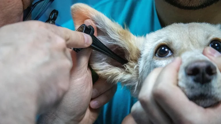Veterinář vyšetřuje psovi ucho při prohlídce