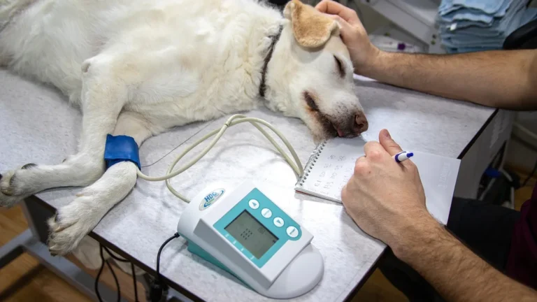 Pes leží na vyšetřovacím stole u veterináře
