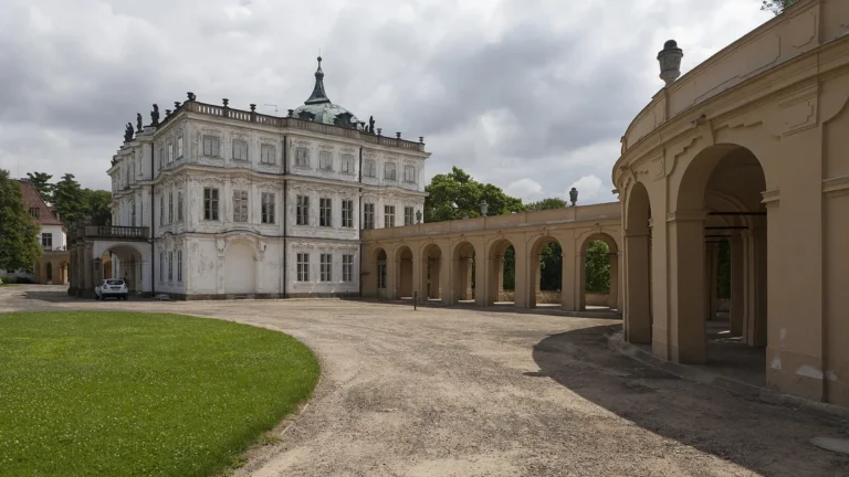 Zámek Ploskovice s bílou rokokovou fasádou a obloukovými arkádami nad zámeckým nádvořím